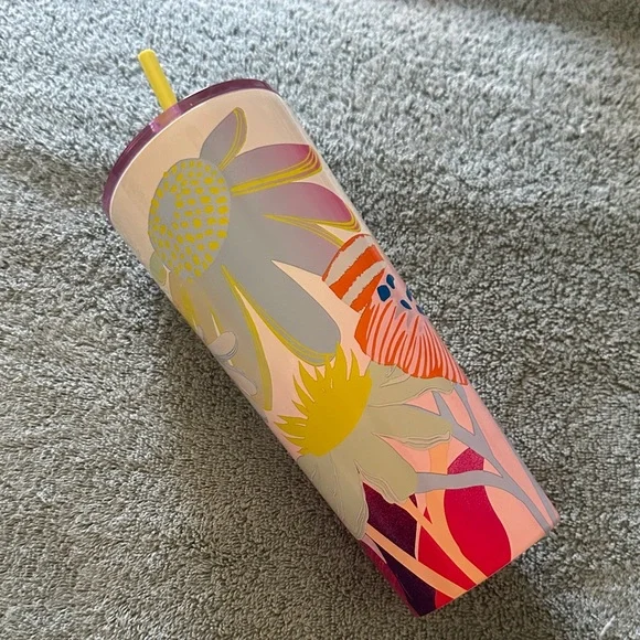 New Starbucks Pink Floral Ombre Tumbler with Yellow Straw and Orange Accents - Picture 5 of 5